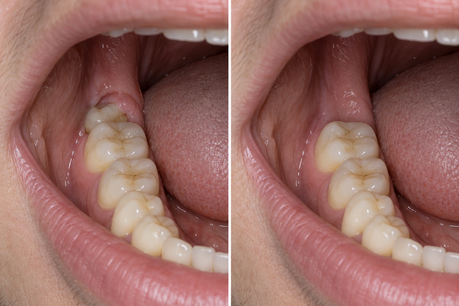 Зуб мудрости прорезался не полностью: исходная ситуация слева, иллюстрация исправления справа